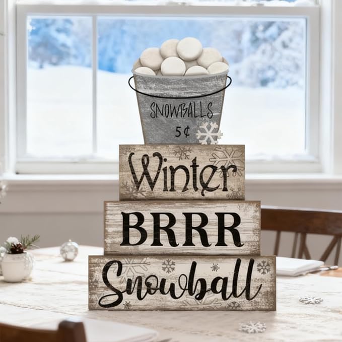 4 Pcs Winter Table Decorations Winter Tiered Tray Decor Christmas Table Centerpiece Rustic Decorative Snowball Snow Bucket Block Sign Farmhouse Christmas Decorations for Home Kitchen Shelf