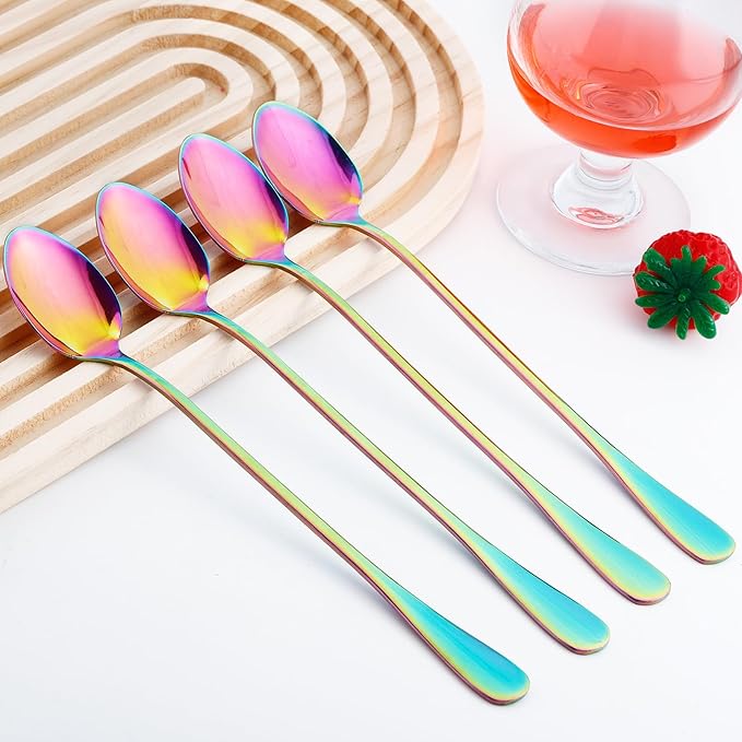 8 Pcs Long Handle Spoons,Satainless Steel Tea Spoons,Ice Cream Spoon,Long Coffee Spoon for Mixing Cocktail Stirring Tea Cold Drink Milkshake Dessert (Colorful)