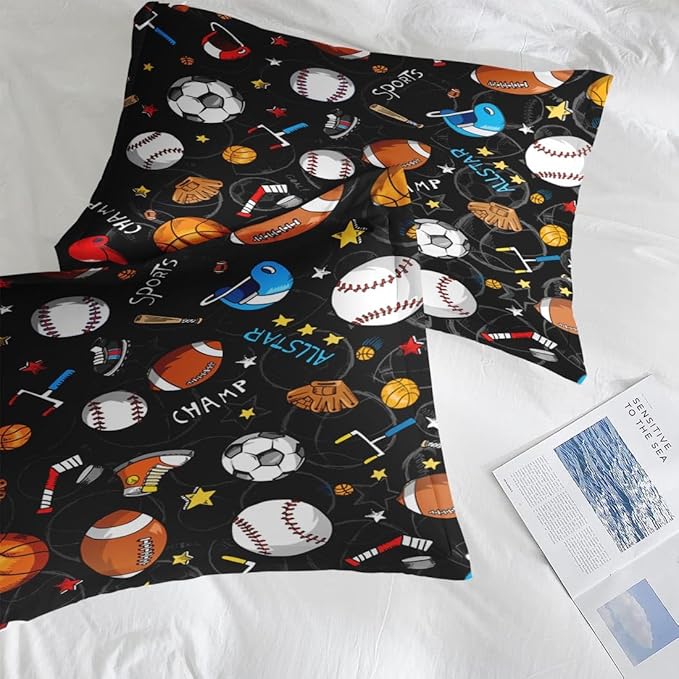 Comforter Set King Size, Basketball Football Baseball 7 Pcs Bedding for Kids and Adults, Hockey Sport Bed Sheet Sets with Fitted Sheet 2 Pillowcases & 2 Shams for Bedroom Bed Decor