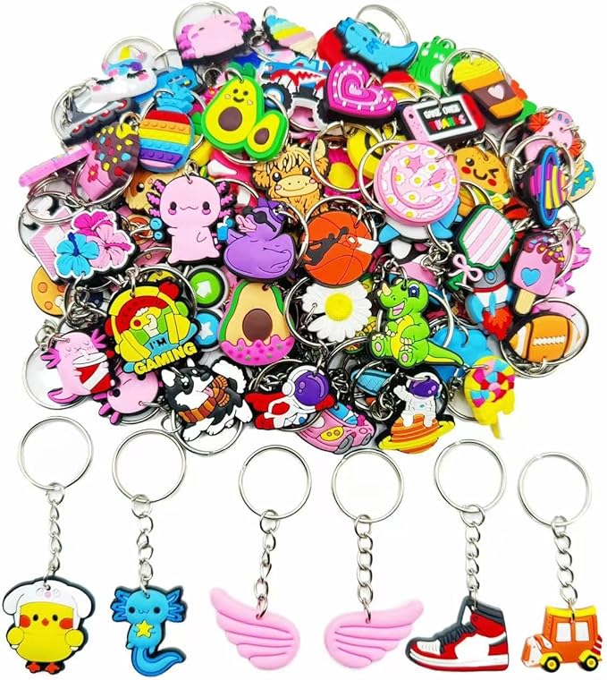 Ella & Emma 30/50/100 Bulk Different Keychains, Mixed Non-Repeat Cute Key Chain for Classroom Prizes Students Incentives Holiday Gifts Party Favors (100pcs Mixed)