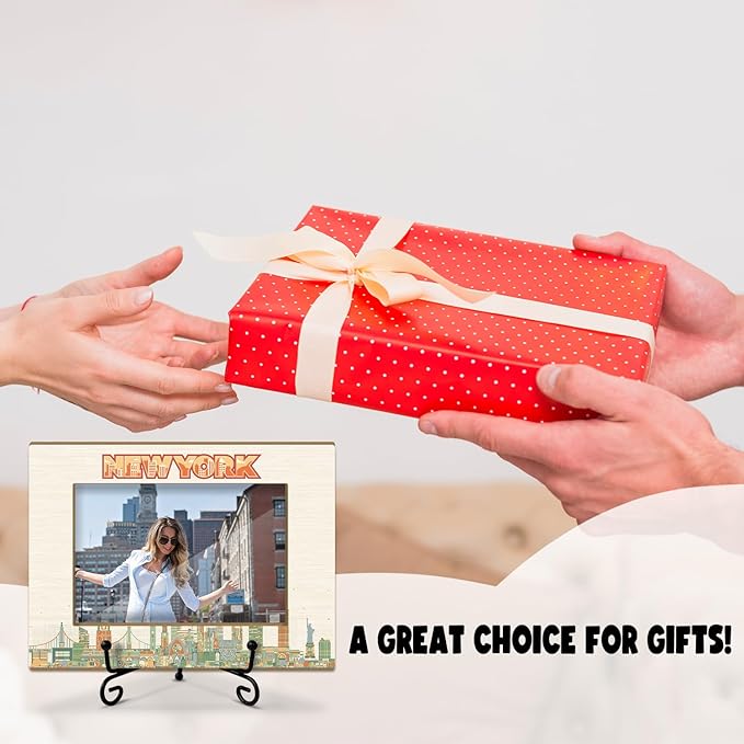 Lesixur New York Travel Photo Frame, Wedding Honeymoon Vacation Souvenir Gift for Family Couples Friends, 4x6 Wooden Picture Frame with Iron Stand for Tabletop Desktop Display, Home Table Decor -047