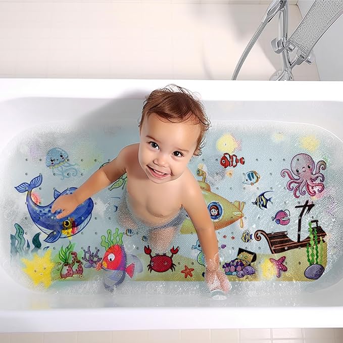 Kids Bath Mat with Ocean Theme Design, 40x16 inches, Non-Slip with 200 Suction Cups, Cartoon Sea Animals Pattern (Whale + Submarine, 40 * 16in)