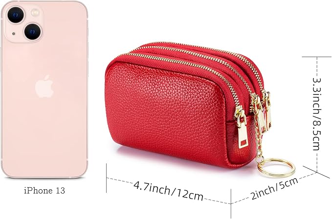 LINNO 3 Zippered Genuine Leather Coin Purse Triple Capacity Change Pouch Little Travel Wallet With Key Ring for Women