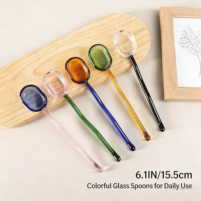 Glass Spoons 5/6 Pieces - 6.1 inch Crystal Coffee Teaspoons, Heat Resistant Long Handle Glass Drink Stirrers, Colored Translucent Spoons for Tea, Sugar, Yogurt, Dessert, Soup, Home Bar Party (5)