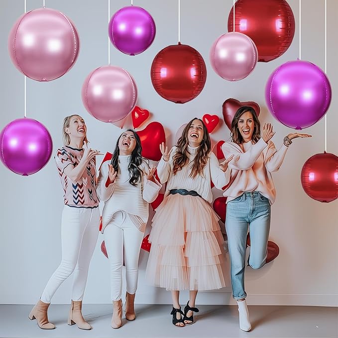 15PCS Red Pink Round Foil Balloons, 22" 15" 10" Large 4D Ball Balloons Red Hot Pearl Pink Metallic Mirror Balloon for Valentines Day Wedding Women Girls Birthday Party Supplies