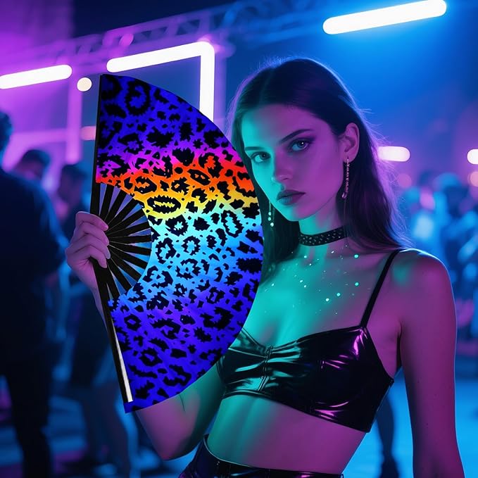 SYNTECSO Folding Hand Fan for Rave, Popping Fan for Line Dancing, Drag Queen, Women and Men Gift,Chinese Japanese UV Glow Clack Fan for Parties, Music Festivals, EDM and Decoration