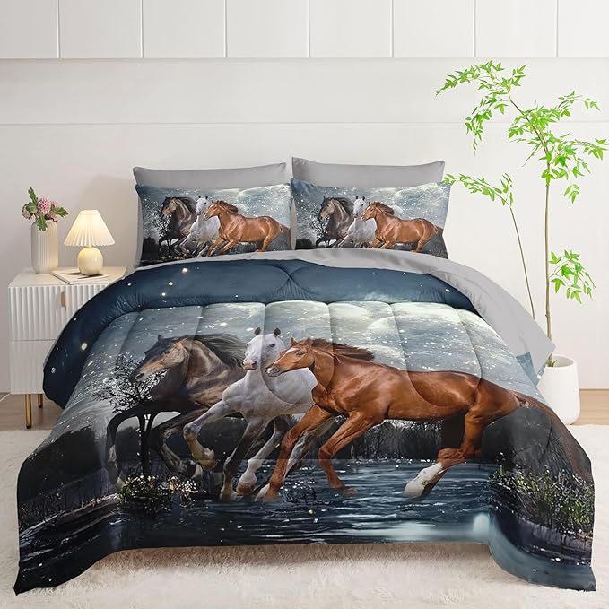 7Pcs Comforter Set 3D Western Horses Printed Bedding Set with 1 Comforter, 1 Flat Sheet, 1 Fitted Sheet and 4 Pillowcases for Boys and Girls Bedroom All Season(Horses Twin)