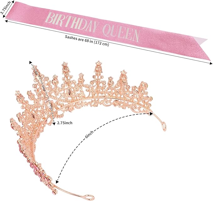 COCIDE Pink Birthday Queen Sash for Women Happy Birthday Crowns Princess Tiaras Sashes for Girl Crystal Party Decorations Rhinestone Headband Supplies Decor