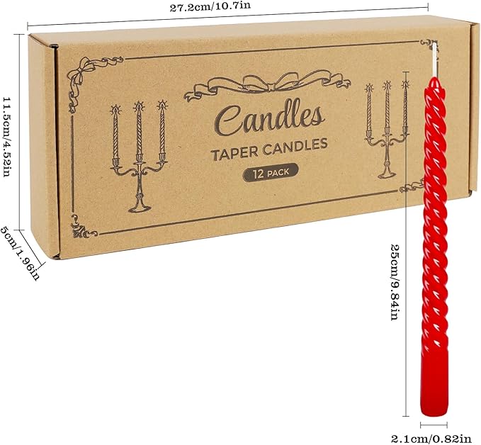 10 Inch Red Spiral Taper Candles Set of 12 Pack Unscented Dripless Candlesticks for Christmas,Dinner,Party,Brithday,Wedding and Home Decoration