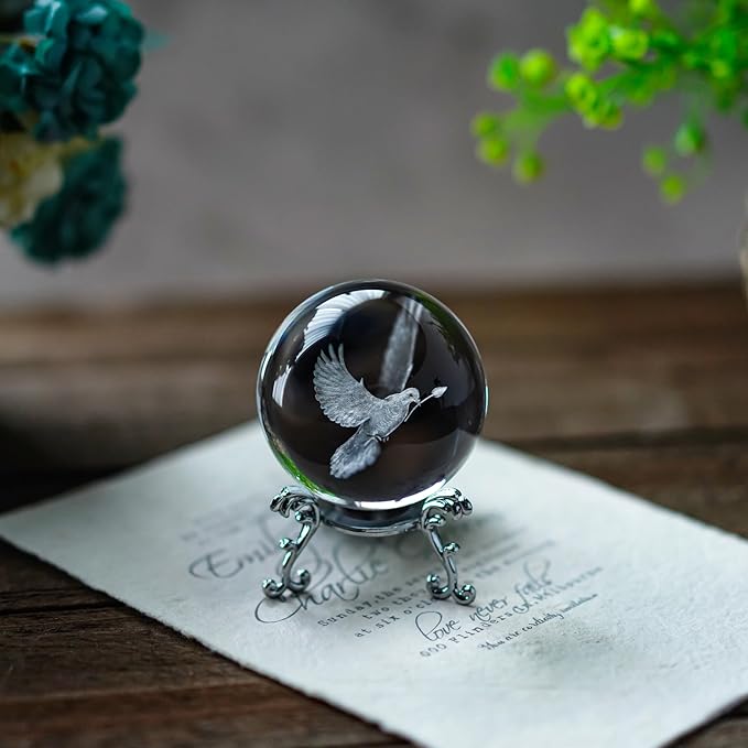 ZEERSHEE 60mm 3D Peace Dove Crystal Ball Figurine with Stand Glass Pigeon Ornament Decor for Home Table