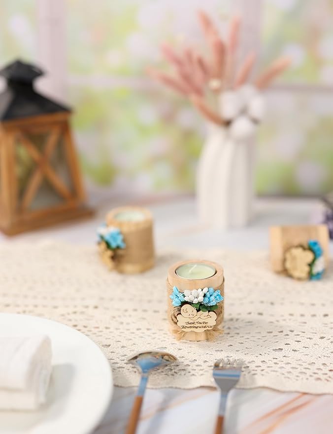 50 Piece Set Wooden Tealight Candle Holders, Baby Shower Party Favors, Party Favors for Guests, Return Gift for Guests,Fiesta Baby Shower Regalos para los invitados,Boy Baby Gender Reveal. (Blue)