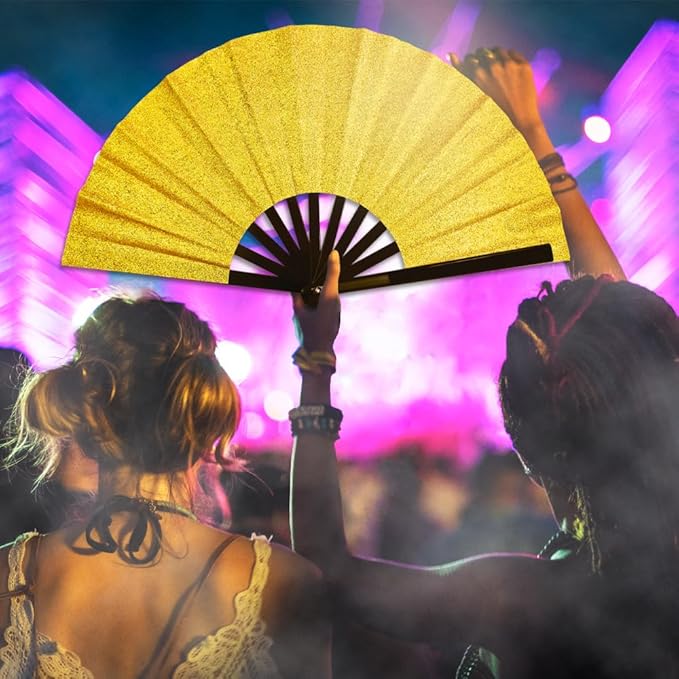 Large Gold Glitter Hand Fan - For Parties, Events, Raves, Indoor, Outdoor Use - 25" Wide Foldable Hand Fan