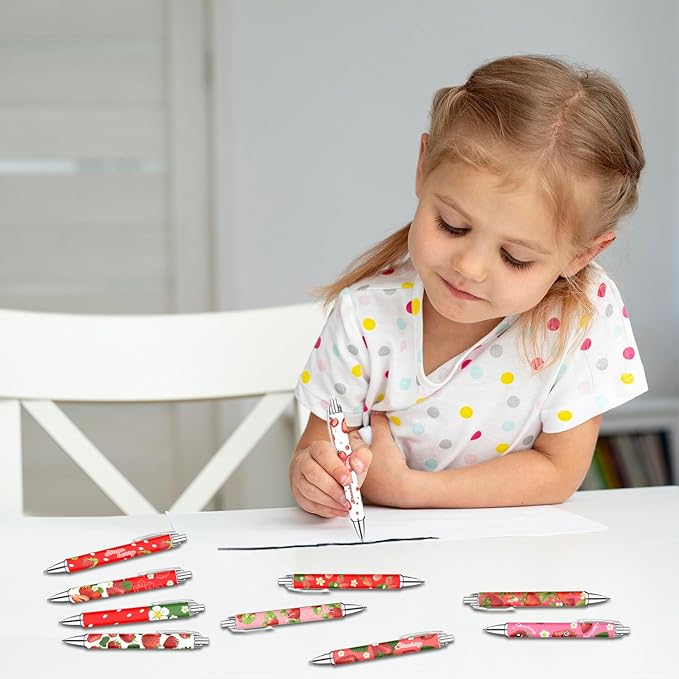 Idealmuzik Strawberry Theme Ballpoint Pens Set of 8 – Cute Strawberry Pattern Design with Smooth Black Ink – Aesthetic Writing Pens for Office, Home, Party Favors, and Gifts