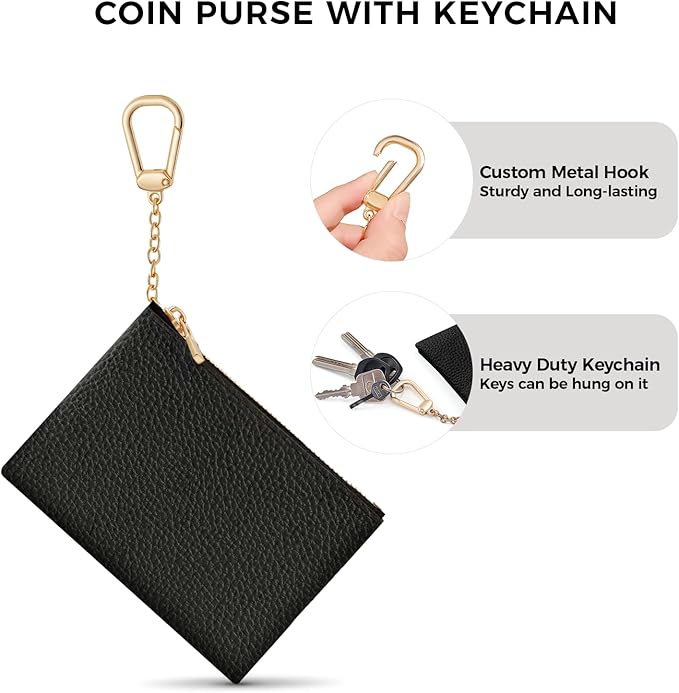 Black Keychain Coin Purse for Women, Small PU Leather Change Pouch, Zipper Little Tiny Travel Wallet for Girls, Cute Kawaii Zip Pocket Coin Holder with Key Ring