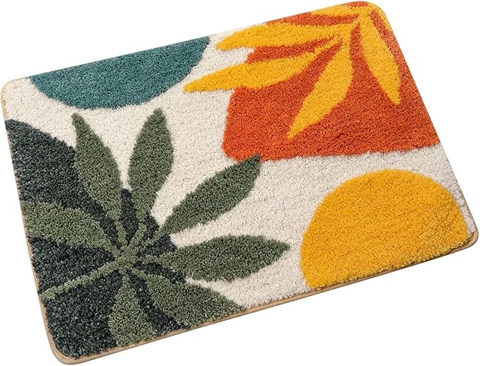 Uphome Bathroom Rugs Colorful Abstract Leaves Bath Mat Non Slip Water Absorbent Boho Bath Rug Soft Microfiber Machine Washable Floor Mats for Tub Bathroom Indoor Doormat,18"x26"