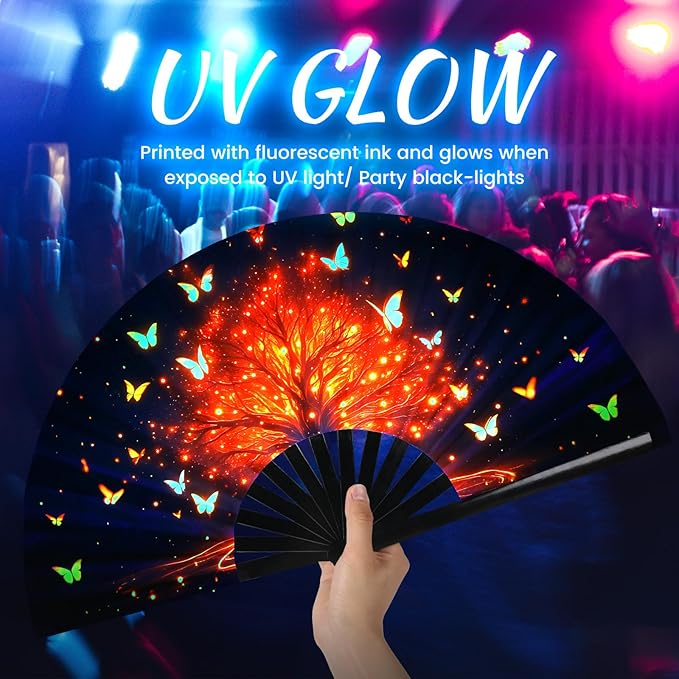 SYNTECSO Folding Hand Fan for Rave, Popping Fan for Line Dancing, Drag Queen, Women and Men Gift,Chinese Japanese UV Glow Clack Fan for Parties, Music Festivals, EDM and Decoration