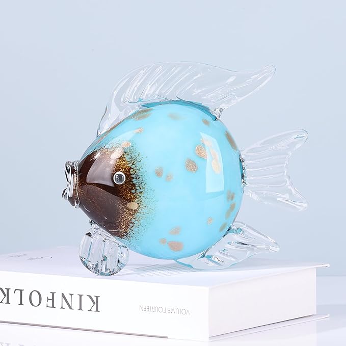 Large Glass Fish Figurines Hand Blown Glass Fish Statue and Sculpture Home Decor, Murano Animal Tropical Sea Glass Paperweights for Desk, Glass Aquarium Coastal Beach Decorative (Light Blue)