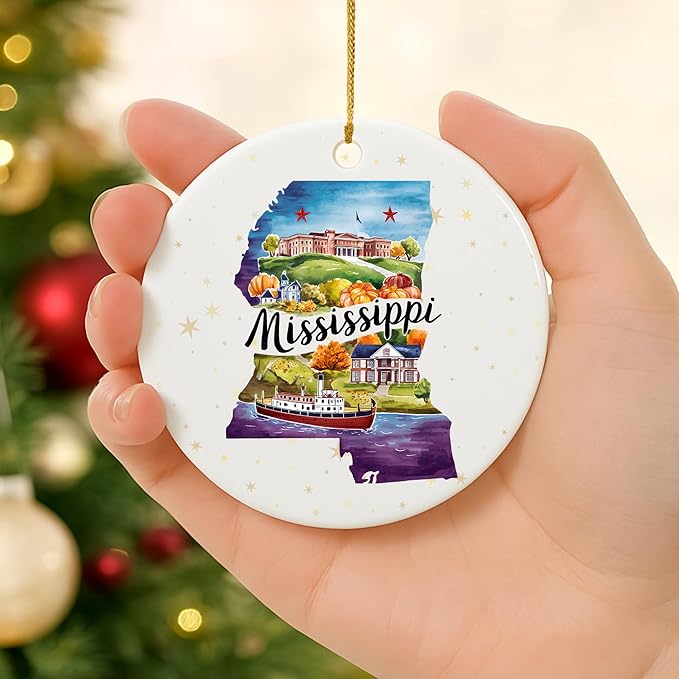 USA State Landmark Ceramic Ornament β Round Glossy Christmas Decoration Featuring U.S. State Art, Landmarks & Holiday Scenery β Collectible Travel Souvenir Ornament Series (Mississippi)