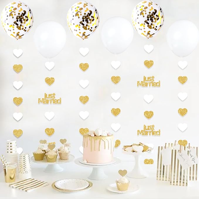 Gold Just Married Wedding Party Decorations Gold/White Heart Just Married Garland and Balloons for Wedding Bridal Shower Party