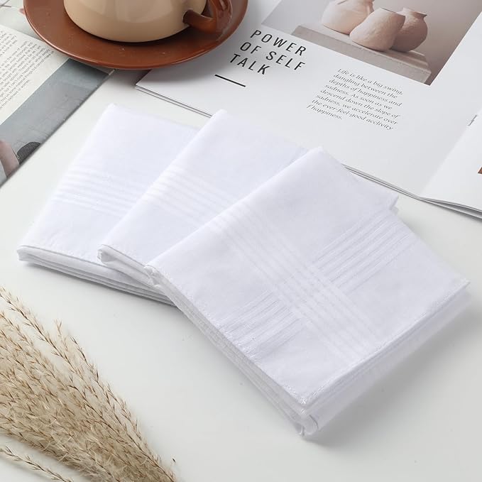 12 Pack Handkerchiefs for men, 100% Soft Cotton 16x16 Inch Men's Handkerchiefs, White Classic Pocket Hankies
