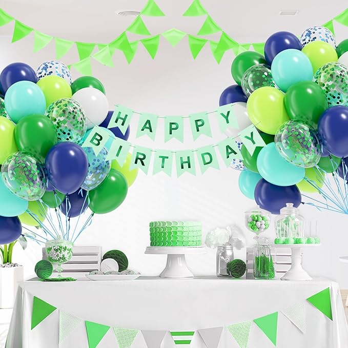 60pcs Blue and Green Balloons 12inch, Navy Blue Lime Green Teal White Confetti Balloons for Dinosaur Baby Shower Birthday Party Decorations