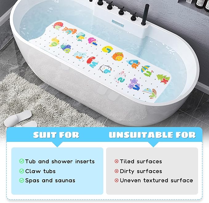 Baby Bath Mat for Tub Non Slip Kids Bathtub Mat Extra Long 40X16 Inch Toddler Bath Tub Shower Mat Anti Slip with Suction Cups & Drain Holes, Machine Washable (Alphabet)