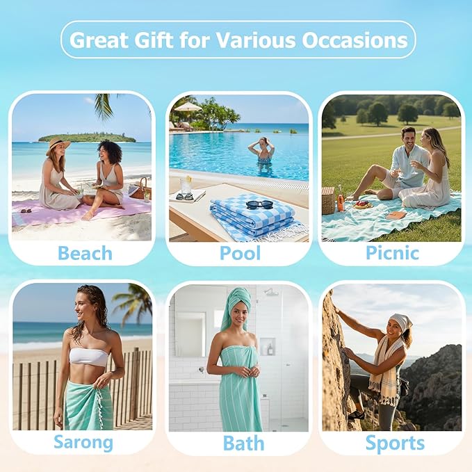 4 Pack Cotton Turkish Beach Towel Lightweight Thin Travel Vacation Essentials Oversized XL Towels Set for Pool Swim Bath Camping Cruise Accessories Absorbent Quick Dry Sand Proof Bulk clearance Stripe