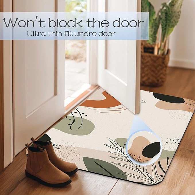 Abstract Boho Lines Leaf Fast Drying Absorbent Bathroom Mat, Non-Slip Rubber Backing Thin Low-Profile Bath Rug, Easy-Clean Bathroom Floor Mat for Shower, Bathtub, Kitchen, or Entryway