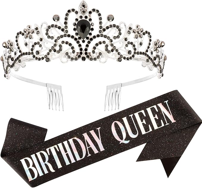 Velscrun Birthday Queen Tiaras Crown for Women, Queen Tiara for Mom, Girls Princess Crowns for Women, Black Rhinestones Birth Crown Headband Birth Sash, 50th Birthday Prom Party Decorations