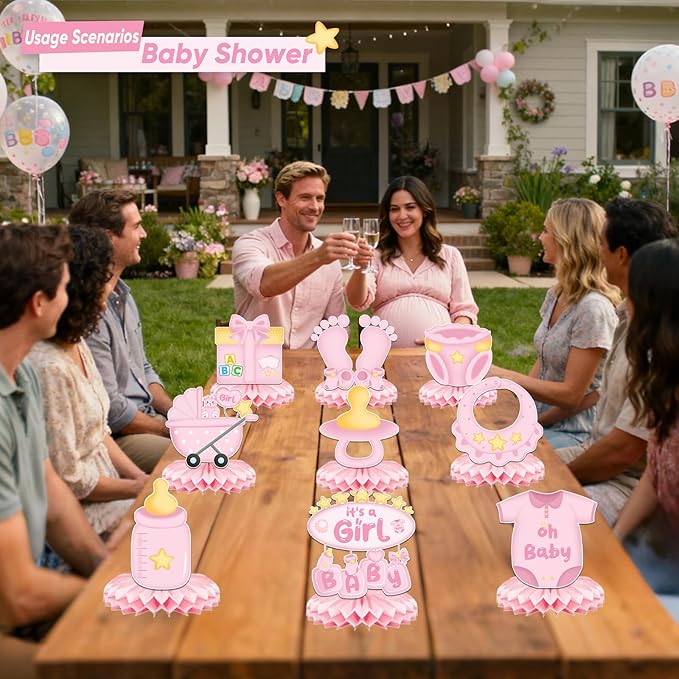 9Pcs Baby Shower Decorations Honeycomb Centerpieces for Girl, Cute Pattern It's a Girl Gender Reveal Table Centerpiece, Gender Reveal Party Supplies (Pink)