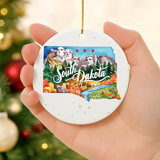 USA State Landmark Ceramic Ornament β Round Glossy Christmas Decoration Featuring U.S. State Art, Landmarks & Holiday Scenery β Collectible Travel Souvenir Ornament Series (South Dakota)