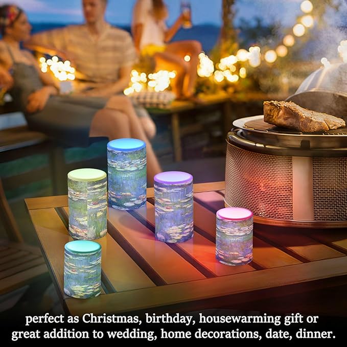 ALAZA Monet Painting Flickering Flameless Candles Battery Operated with Remote Timer,Tea Light Candles LED Pillar Votive Candles Set of 2 for Outdoor Indoor Decorations