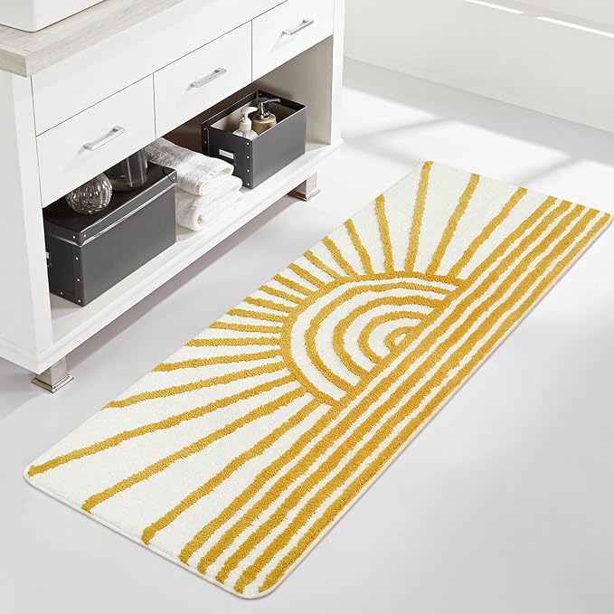 Uphome Bathroom Runner Rug, Yellow and White Sun Long Bath Mat, Non Slip Water Absorbent Bath Rug, Modern Minimalism Aesthetic Machine Washable Bathroom Floor Mat for Bathtub Sink Laundry, 20x59 inch