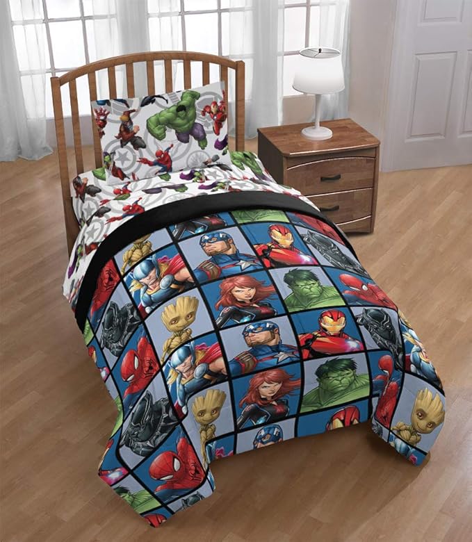 Marvel Avengers Team 4 Piece Twin Bed Set - Includes Reversible Comforter & Sheet Set - Super Soft Fade Resistant Polyester - (Official Marvel Product)