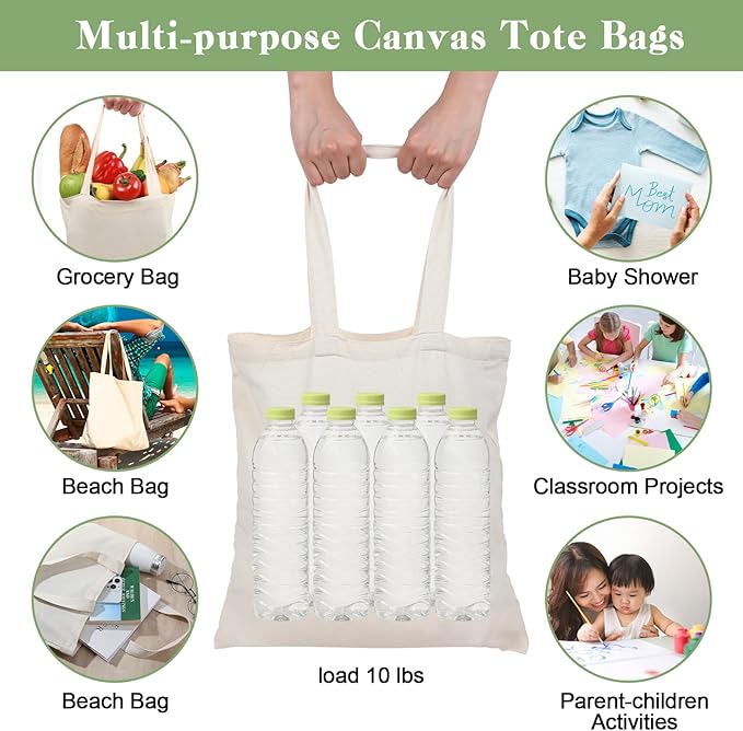 Roowest 120 Pieces Cotton Tote Bag Bulk 15 x 16 Inch Blank Shopping Cloth Bags Reusable with Long Handle for Women Men DIY(Beige)
