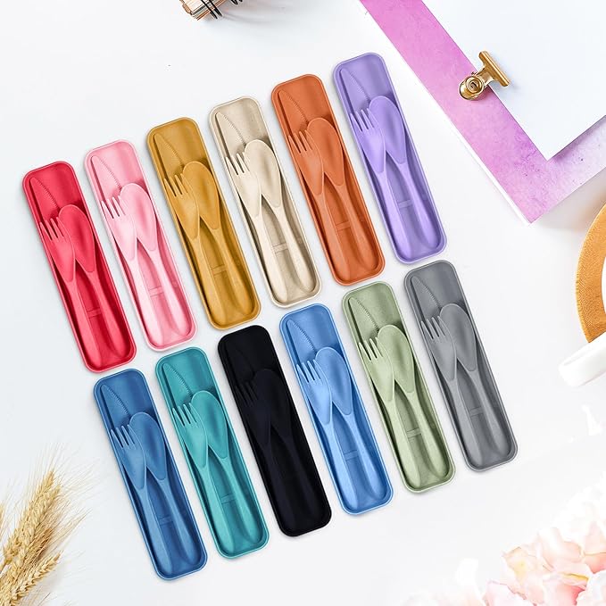 Yahenda 96 Sets Reusable Travel Utensils Set with Case Wheat Straw Cutlery Portable Spoon Knife Fork Tableware Lunch Box Bulk for Adults Travel Picnic Camping Utensils Gifts (Multi-colorful Colors)