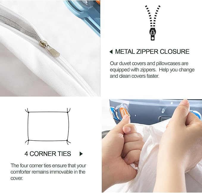 Cartoon Excavator Bedding Set Twin Size Blue Construction Vehicle Duvet Cover Trucks Tractors Comforter Cover Cute Children's Comforter Set with Zipper Ties for Bedroom