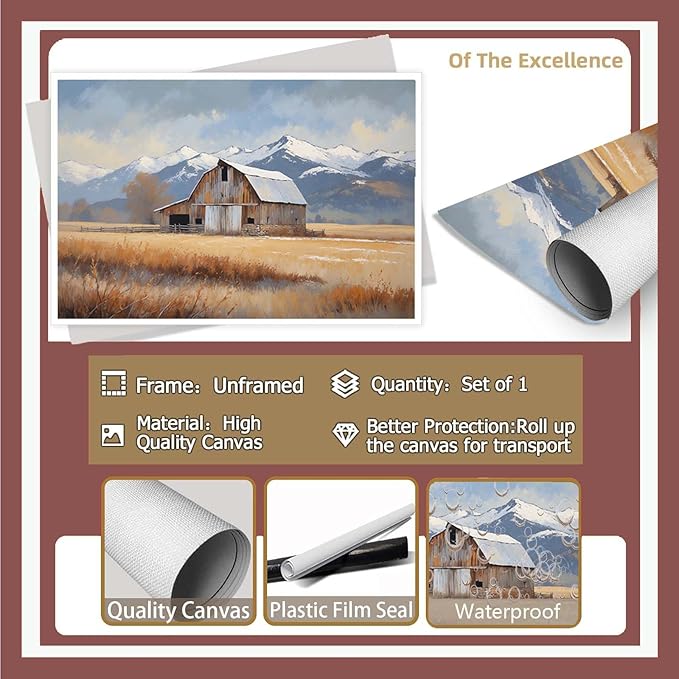 Mountain snow barn murals rural farm natural scenery Thanksgiving decorative paintings suitable for home decoration bathroom bedroom living room decoration24x36in(60x90cm)- Unframed