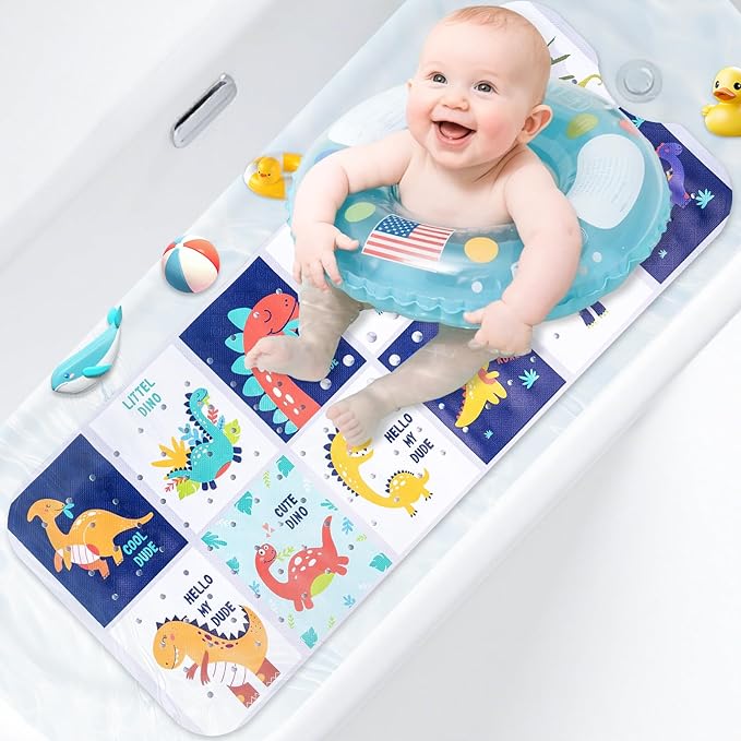 Kids Bath Mat with Ocean Theme Design, 40x16 inches, Non-Slip with 200 Suction Cups, Cartoon Sea Animals Pattern (Dinosaur, 40 * 16in)