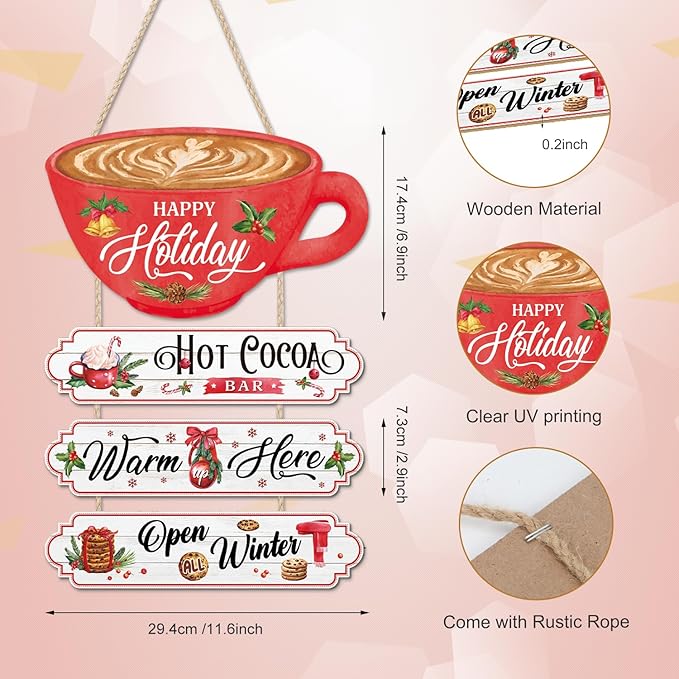 CHDITB Christmas Decor Hanging Wood Sign, Hot Cocoa Bar Wall Plaque, Christmas Theme Winter Art Wooden Signs Happy Holiday Party Hot Cocoa Porch Sign 4pcs Kitchen Cafe Coffee Bar Wall Art Xmas Decor