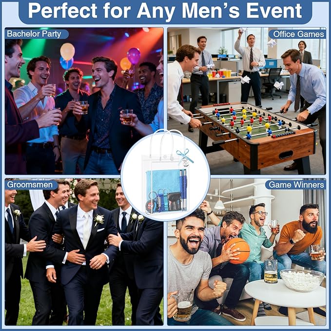 85Pcs Baby Shower Prizes for Men, 8 Sets Winner Gifts with Multi-Tool Pen, Screwdriver, Tape Measure, Bottle Opener, Keychain, Cleaning Cloth & Gift Bags for Winner Bachelor Party Favors (85)