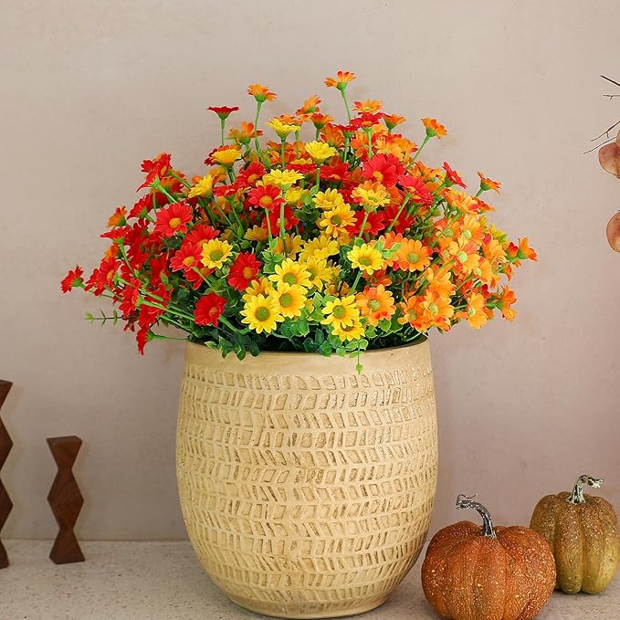 alyptus Faux Flowers Outdoor Artificial Flowers – 12 Bundles UV Resistant Artificial Outdoor Flowers for Spring Summer Christmas, Modern Farmhouse Decoration (Red 5, Orange 5, Yellow 2)