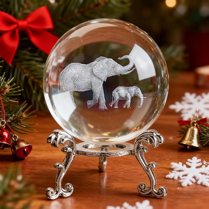 ZEERSHEE 60mm 3D Glass Laser Engraved Mother Son Elephants Crystal Ball with Stand Decorative Sphere Elephant Gifts for Women