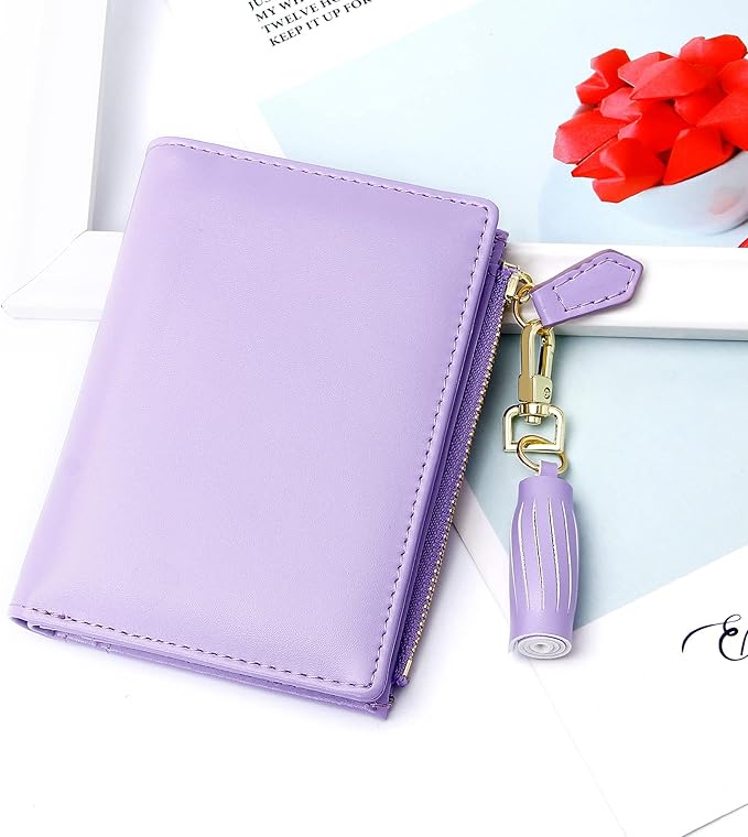GEEAD Small Wallets for Women Bifold Slim Coin Purse Zipper ID Card Holder PU Leather Purple