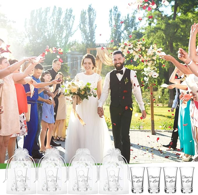 25 Set Wedding Favors for Guests Bulk,Acrylic Cheers to Love Wedding Shot Glasses with Bottle Opener Thank You Cards and Organza Bags,Souvenirs for Guests
