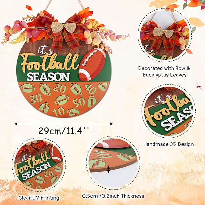 CHDITB Fall Football Sign for Front Door Porch, Rugby Football Season Round Wooden Sign, Fall Football Wreath Wooden Hanging Plaque, Farmhouse Maple Leaves Decor for Holiday Party Decoration