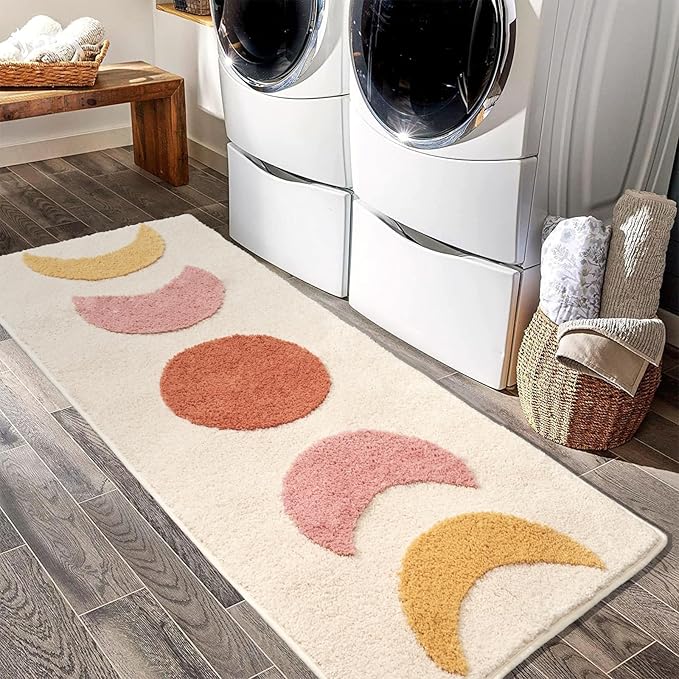 Boho Moon Bathroom Runner Rugs - Gradient Moon Phases Bath Mat,Non Slip Half Moon Witch Rugs,Bohemian Witchy Hippie Bathroom Decor, Long Runner Rug for Bedroom Hallway,Neutral Creamy 50"x20"