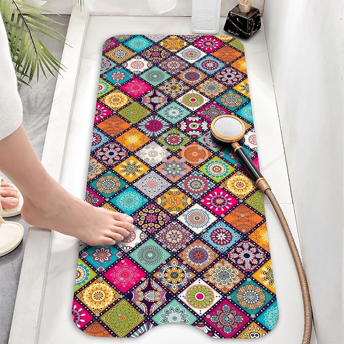 Bathtub Mat Non Slip, Bohemia Extra Long Bath tub Mat Shower Floor Mat with Suction Cups and Drain Holes for Adults Kids Elderly 40 X 16 Inch