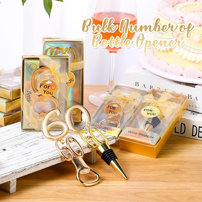 Hushee 30 Pcs 60th Birthday Party Favors for Guests Birthday Bottle Opener Golden Wine Stoppers with Rhinestones for Adults Women Wedding Party Anniversary Souvenirs Keepsakes