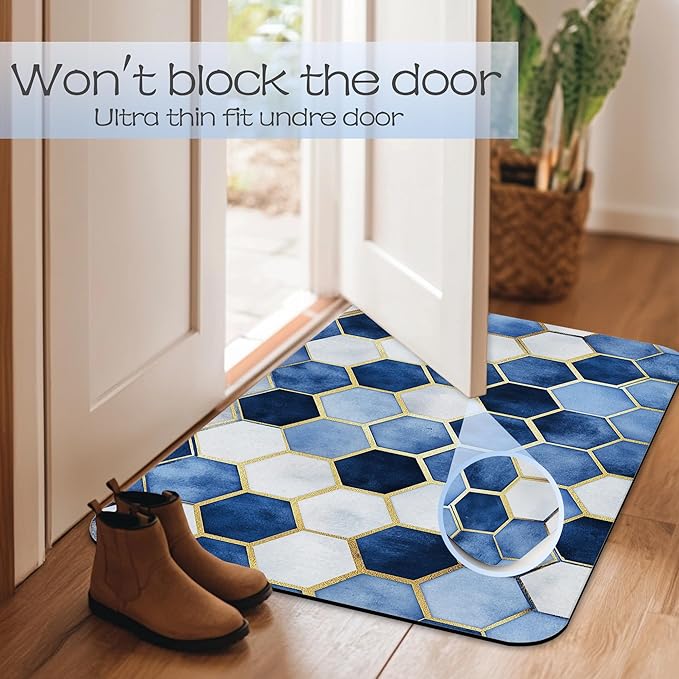 Blue Marble Bathroom Mat, Non-Slip Rubber Backing Thin Low-Profile Bath Rug, Easy-Clean Bathroom Floor Mat for Shower, Bathtub, Kitchen, or Entryway
